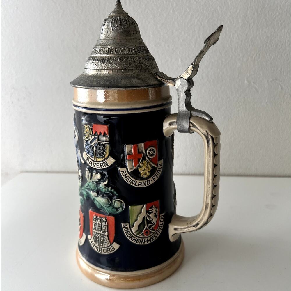 Vintage Gerzit Old Germany Bavaria Brewery Stein With Lid Decorative Stamped